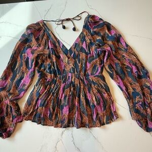 Farm Rio Anthropologie Womens XS Jirafas Ruffled Blouse in Novelty Shirt Top